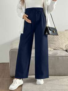 SHEIN Pantalones casuales de mujer de pierna recta, cintura elástica y unicolor - azul real - Ver 1