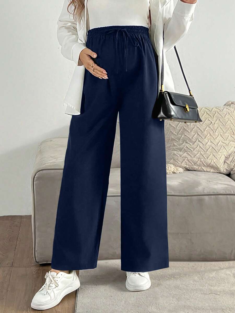 SHEIN Pantalones casuales de mujer de pierna recta, cintura elástica y unicolor - azul real - Ver 1