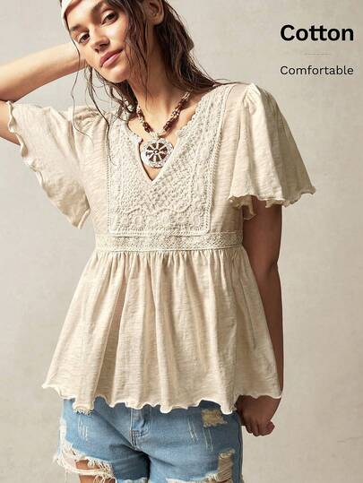 Bohemela Casual Solid Color V-Neck Short Sleeve Loose T-Shirt For Women Boho Tops For Women Bohemian Tops Eyelet Top For Women Cotton Tops Women Summer Boho Summer Tops
