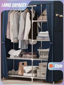 1pc Simple Fabric Wardrobe, Multi-Color Dustproof With Curtain Closet, Layered Storage + Hanging Area Design, Space-Saving Bedroom Clothes Storage Cabinet, Assembled Organizer Wardrobe For Home Use - Multicolor - View 1