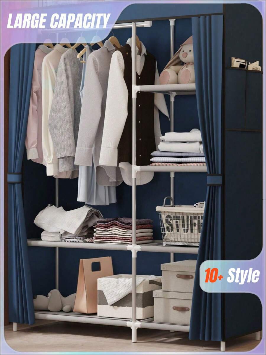 1pc Simple Fabric Wardrobe, Multi-Color Dustproof With Curtain Closet, Layered Storage + Hanging Area Design, Space-Saving Bedroom Clothes Storage Cabinet, Assembled Organizer Wardrobe For Home Use - Multicolor - View 1