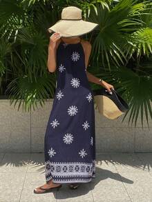 DAZY 女士印花波西米亚风抽绳吊带连衣裙，夏季波西米亚风度假装扮 - 藍色 - 查看 3