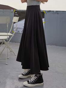 DAZY Solid Long Flare Skirt,Ruffle Fall - Black - View 5