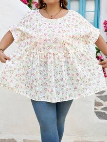 SHEIN CURVE+ Curve 尺码 US22 音乐节、海滨度假、波西米亚风女士时尚宽松圆领蕾丝袖花卉刺绣衬衫 - 彩色 - 查看 5