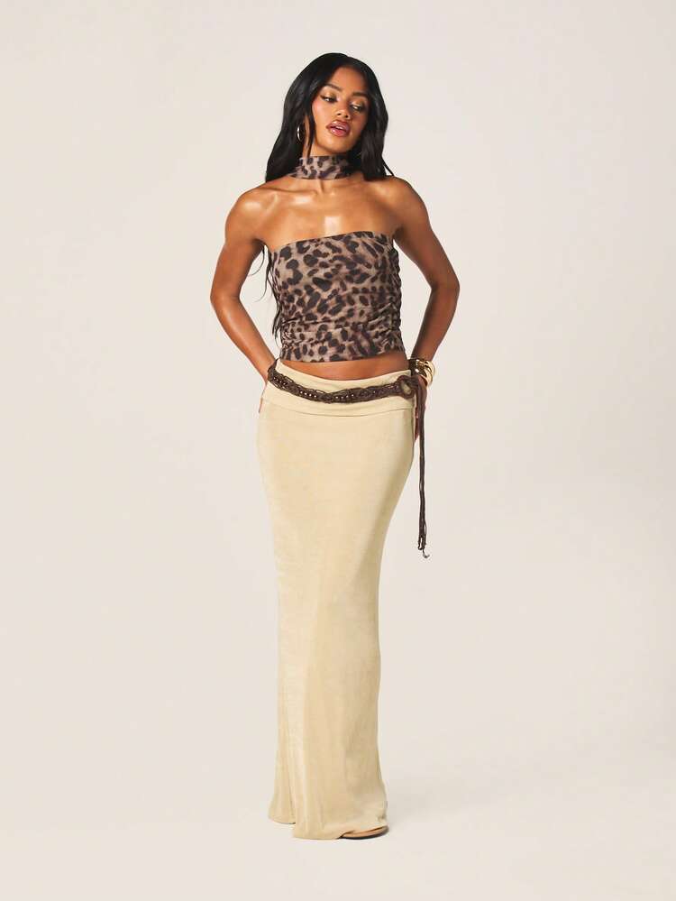 MISSGUIDED Women's Leopard Print Strapless Bandeau Top With Matching Choker Neck Detail Ruched Crop Top Fall Fashion