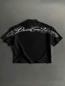 StoneGrade 弧形手写字体休闲印花男士标准尺码宽松短袖Polo衫，约会聚会必备，时尚百搭，适合作为男友礼物 - 黑與白 - 查看 1