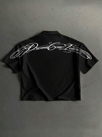 StoneGrade Curved Handwritten Font Casual Printed Men's Standard Size Cropped Loose Fit Short Sleeve Polo Shirt, Essential For Dates And Gatherings, Fashionable Outfit, Suitable As Gift For Boyfriend