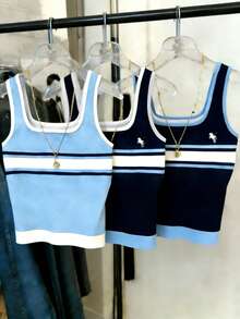 Resyla 3pcs/Set Blue & Black Striped Fitted Tank Top Combo For Women - Blue - View 4