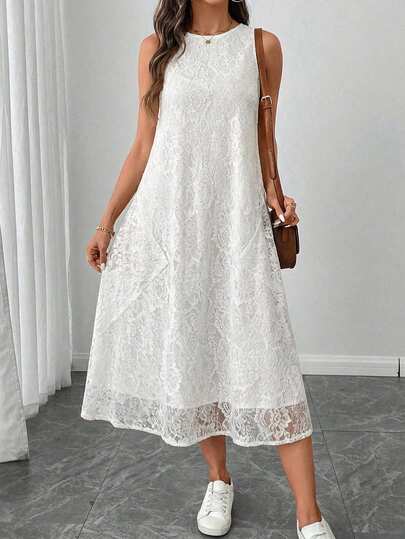 Easowa Vestido midi sin mangas de encaje blanco con bolsillos para mujeres, adecuado para vacaciones románticas, invitadas de boda, brunch con amigos, escapada al campo francés, uso diario casual