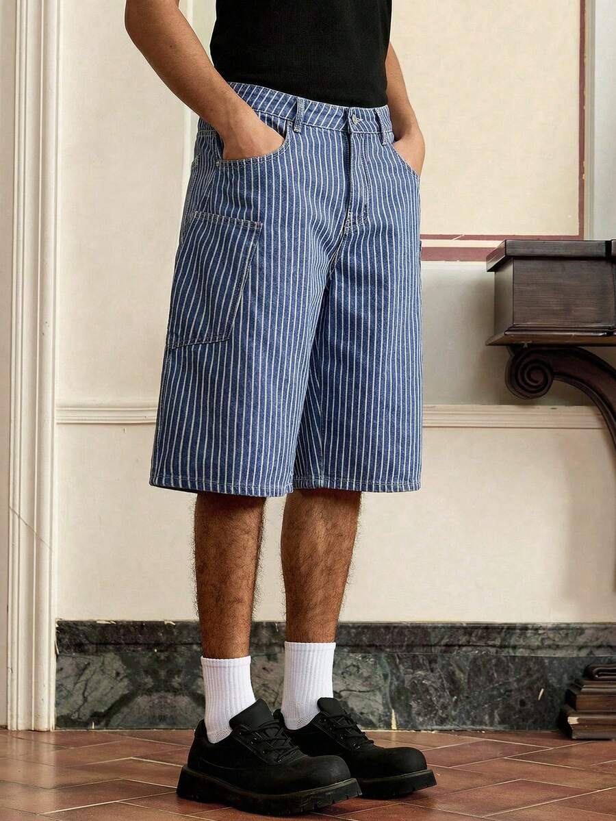 SWAVVY 条纹宽松腰带环时尚百搭牛仔短裤 - 藍色 - 查看 1