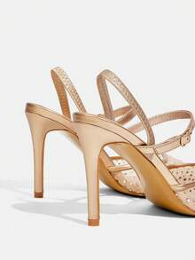 CUCCOO TILAWA 女士夏季新款闪亮水晶网纱尖头细高跟鞋，优雅迷人金色网纱露趾高跟鞋，礼服鞋，新娘鞋，伴娘鞋，时尚派对晚宴婚礼鞋 - 香檳色 - 查看 11