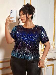 Cravure Plus Size Fashionable Gradient Sequin Shirt, Summer - Multicolor - View 1