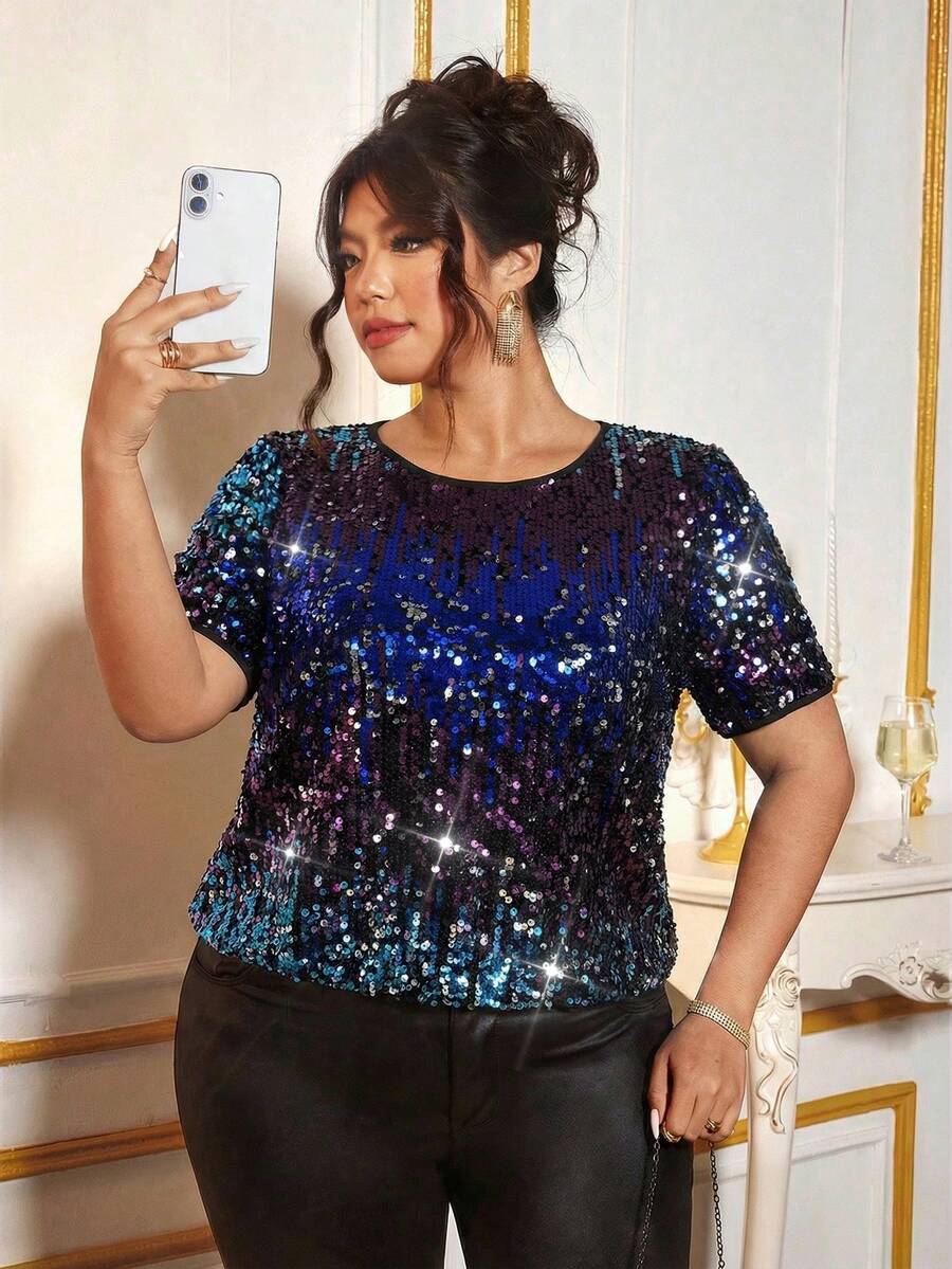 Cravure Plus Size Fashionable Gradient Sequin Shirt, Summer - Multicolor - View 1
