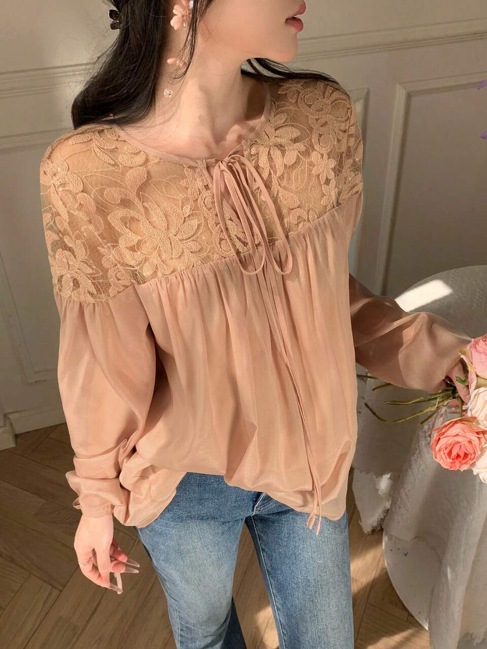 Mesh Jacquard Splice Chiffon Loose Long Sleeve Pullover Elegant Summer Blouse For Women