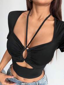 Lyxana Black Summer Seksi Chic Club Halter Tie Metal Buckle Pleated Hollow Highlight Short Sleeve T-Shirt,Suitable For Music Festival,Party,Vacation - Black - View 5