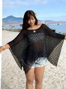 SHEIN EZwear Spring/Summer New Casual Versatile Poncho-Style Loose Knit Asymmetric Pullover Top, Suitable For Outings, Parties, Music Festivals, Back To School, Graduation, Vacation, Weddings, Streetwear, Exploring, City Walks, Plus Size Women, Summer Tops - Black - View 5