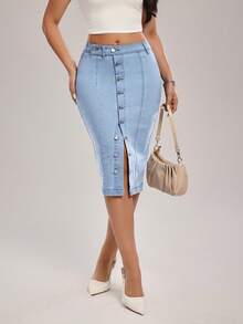 SHEIN Tall 女士单排扣优雅时尚铅笔牛仔裙 - 藍色 - 查看 1