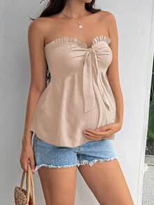 SHEIN Maternity Solid Color Frill Trim Front Tie Camisole Top - Apricot - View 5