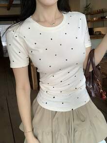 Camiseta interior de mujer de unicolor, cuello redondo, ajustada, de manga corta, estilo preppy para verano - Blanco 8 - Ver 5