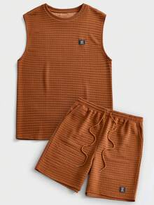 EASEVO Plus Size Men's Casual Solid Color Tank Top And Shorts Set, Summer - Brown - View 2