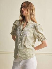 Écloséra 女士立领格子刺绣泡泡袖衬衫，夏季上衣 - 綠色 - 查看 5