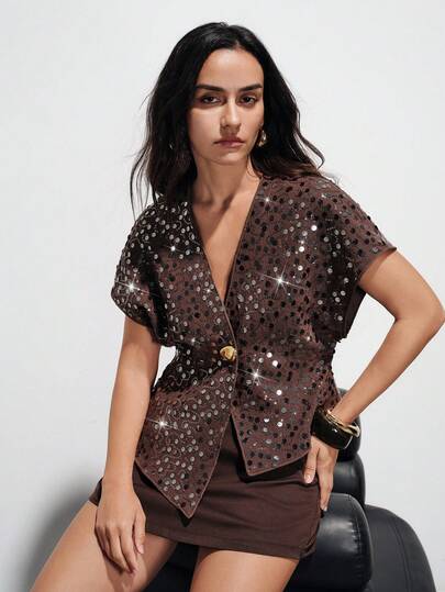 Aveloria Modichic New Stylish Asymmetric Sequin Decorated Vest Top