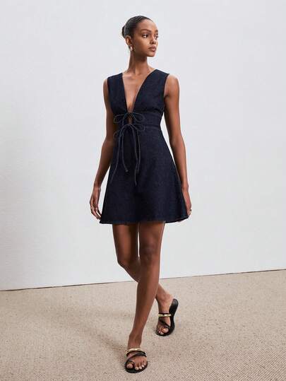 ATUI Studio Women's Casual Sleeveless Denim Tie-Front Dress, Summer