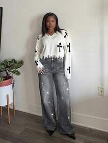 Tyla Gomez 复古性感修身洗水钻缀饰阔腿牛仔裤 牛仔裤 闪光牛仔裤 水钻牛仔裤 - 灰色 - 查看 1