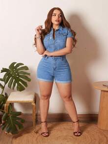 Lupita Cardoza 翻蓋口袋卷邊牛仔連體短褲 - 淺色水洗藍 - 查看 6