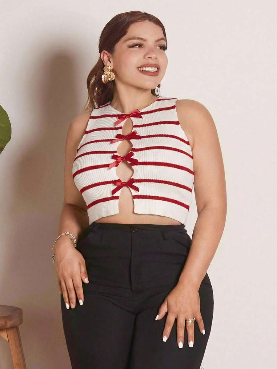 Lupita Cardoza Atasan Rajut Tanpa Lengan Bergaris untuk Wanita dengan Hiasan Pita, Atasan untuk Sekolah - Red and White - View 1