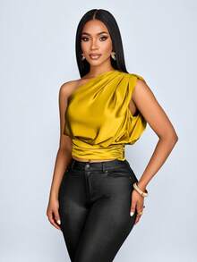 SOLERSUN Blusa de satén amarilla sexy y elegante para ir al trabajo, fiestas de primavera/verano y vacaciones. - Mostaza Amarilla - Ver 7