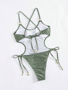 Áo tắm liền thân ShapeWave-D dành cho nữ, lấy cảm hứng từ phong cách retro, làm từ vải mờ màu xanh kim loại, có dây đeo vai bằng kim loại có thể điều chỉnh và dây rút bên hông, thiết kế cắt cao ở phần chân giúp kéo dài đôi chân, kết hợp giữa phong cách và khả năng định hình vóc dáng cho kỳ nghỉ biển. - xanh quân đội - Xem 2