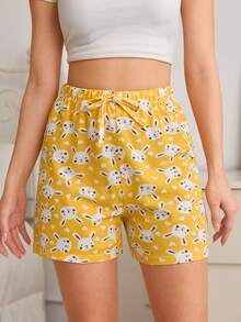 SHEIN Women PLUS SIZE Cotton 2 Pcs Fake Drawstring Detail Cute Rabbit Patterned Shorts Sleep Bottoms Shorts Homewear Set - Multicolor - View 8