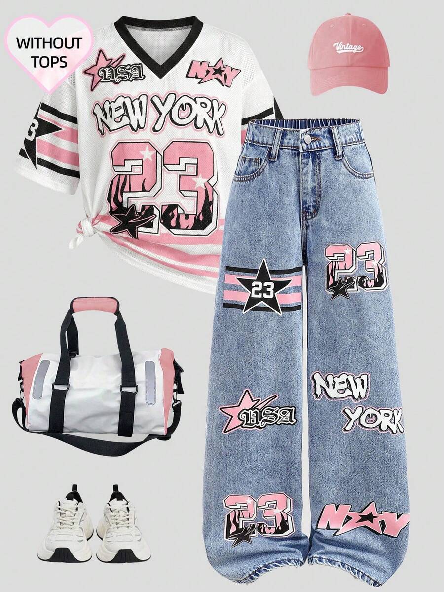 Girlism 少女复古运动撞色街头风牛仔裤，23号数字字母印花宽松版型，适合春夏穿着，街头风，复古风，舒适百搭，秋季叠穿，时尚童装，千禧年代风格，Y2K风，韩版风格，户外野餐，街头风，居家，波西米亚风，嬉皮风，音乐节 - 淺色水洗藍 - 查看 1