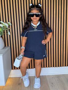 DAZY Young Girls V-Neck Korean Style Short Sleeve Shirt And Shorts 2 Pieces Set - Blue - View 3