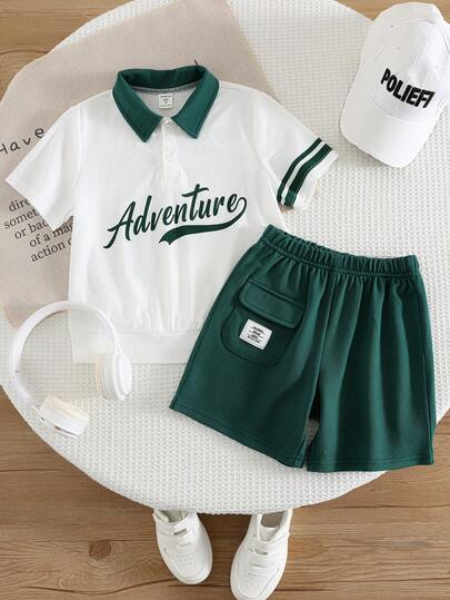 SHEIN 2件套男童休闲校园风舒适时尚百搭柔软撞色字母印花短袖T恤和短裤套装，适合日常穿着、上学、外出、运动、春夏季节。