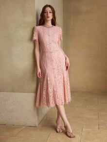 MOTF PREMIUM NEW SUMMER PINK BOW DECOR PEARL ROUND NECK LACE DRESS, ELEGANT LACE DRESS FOR WOMEN - Pink - View 8