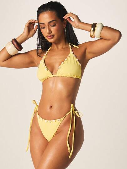 MISSGUIDED Women's Shell Trim Bikini Set Yellow Halter Triangle Top Tie Side Cheeky Bottom Two Piece Swimwear Beach Summer Vacation Resort