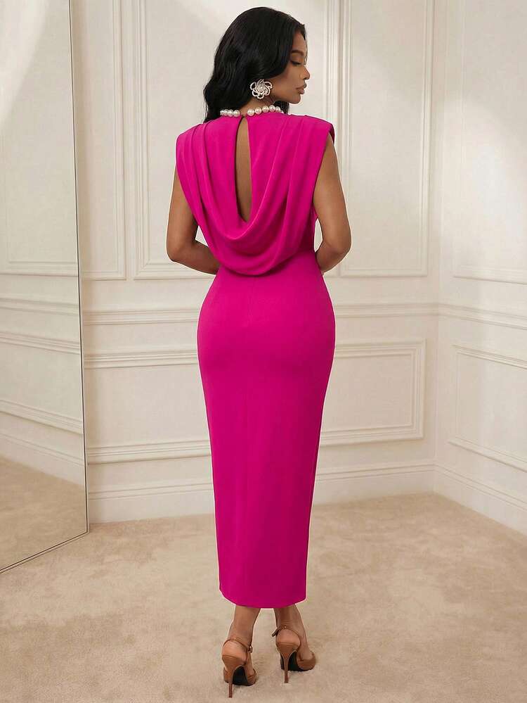 Women's Solid Color Round Neck Pleated Fitted Elegant Long Dress