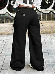 Slaydiva 女士高腰侧边系带阔腿宽松休闲牛仔裤 - 黑色 - 查看 2