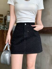 DAZY Women's Rhinestone Embellished Denim Mini Skirt - Black - View 2