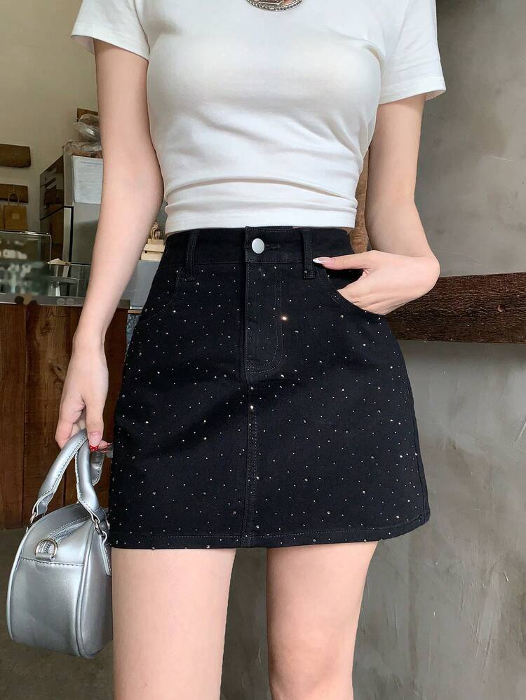 Women's Rhinestone Embellished Denim Mini Skirt Summer
