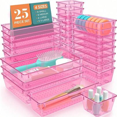 Boîte de rangement pour cosmétiques de style tiroir, ensemble de boîtes de rangement à tiroirs transparents, plateaux de différentes tailles, boîte de rangement multifonctionnelle, peut ranger divers petits articles tels que cosmétiques, vêtements, fournitures scolaires, petits outils et vaisselle, très adapté pour les coiffeuses, la cuisine et les tiroirs de bureau.