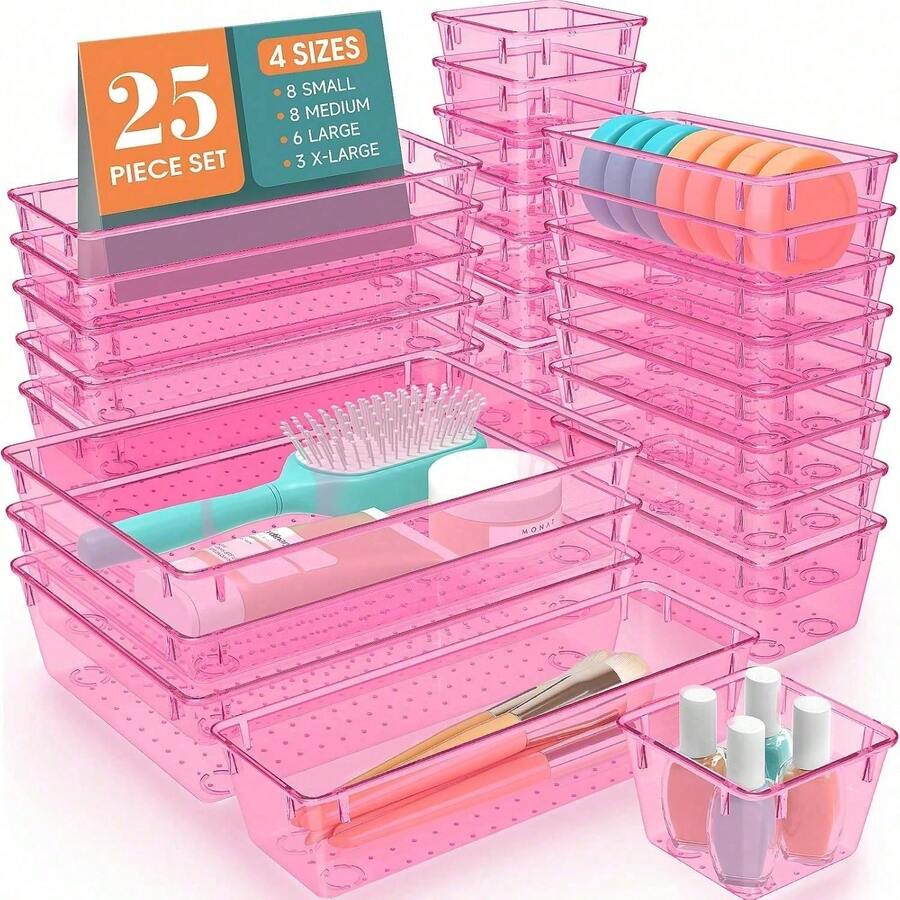 Caja de almacenamiento de cosméticos con estilo de cajón, juego de cajas de almacenamiento con cajón transparente, bandejas de varios tamaños, caja de almacenamiento multifuncional, puede almacenar diversos artículos pequeños como cosméticos, ropa, útiles escolares, herramientas pequeñas y vajilla, muy adecuado para tocadores, cocinas y cajones de oficina. - Rosa - Ver 1