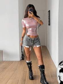 Coolane 女士夏季街头风锐舞派对音乐节Y2K弹力亮片粉色修身T恤 - 粉色 - 查看 2