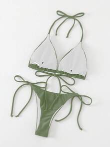 Swim Basics Solid Color Sexy Tie-Up Bikini Swimsuit Set For Women, Beachwear For Summer Beach Vacation - Army Green - View 6