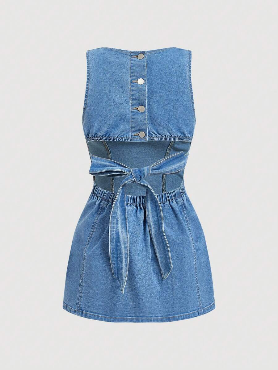 女士时尚休闲百搭修身牛仔连衣裙 - 淺色水洗藍 - 查看 1