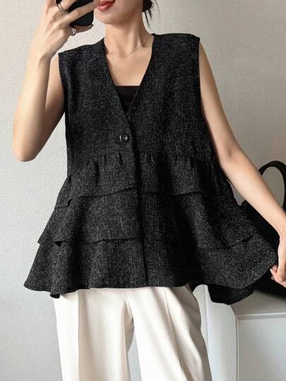 FRIFUL Áo khoác vest nữ cổ chữ V cài một hàng khuy, xếp lớp, viền bèo nhún.