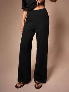 Lazeform Women's Summer Casual Black Loungewear Set,Solid Color Asymmetric Neck Ruched Waist Short Sleeve T-Shirt And Straight Leg Pants Curve Two Piece Set - Black - View 7