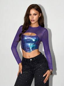 SHEIN ICON Camiseta corta asimétrica con recorte frontal de malla de PU negro - Morado - Ver 3